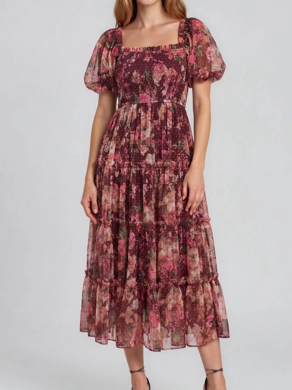 Floral Polka Dot Puff-Sleeve Midi Dress in Burgundy